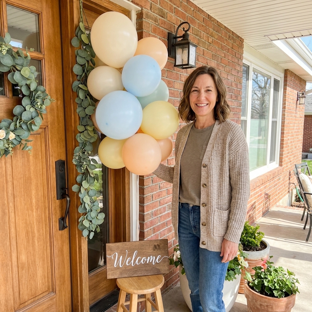 A simple balloon cluster and greenery arranged near a front entryway with a small welcome sign, styled like a real family home