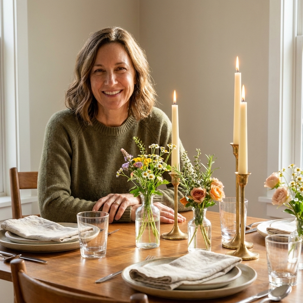 A simple centerpiece with three small vases of flowers and taper candles on a dining table set for guests