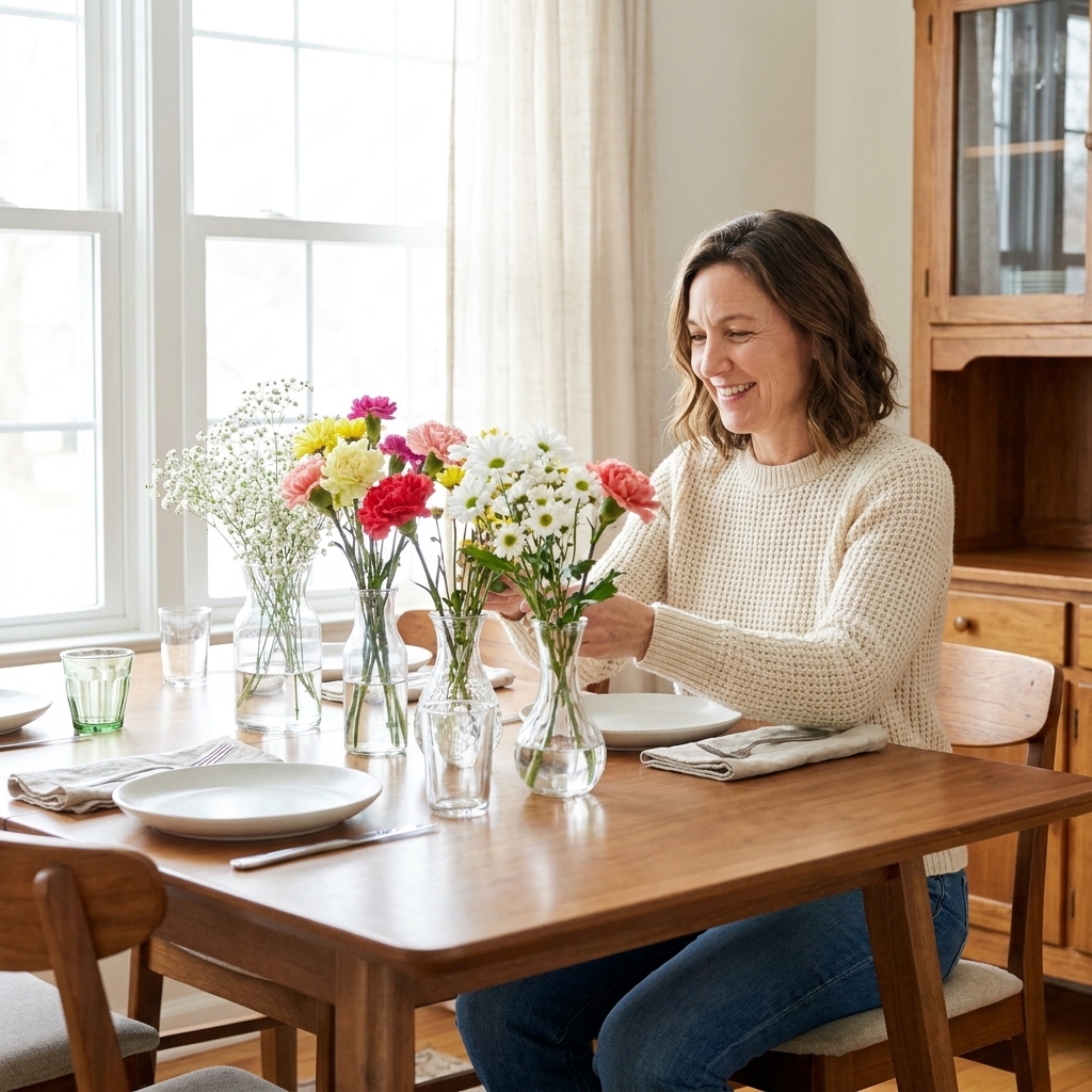 A simple party table decorated with thrifted clear glass vases holding grocery-store flowers in a bright dining room