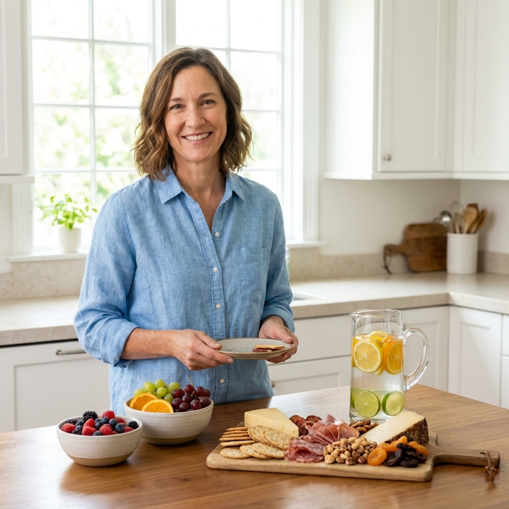A simple snack table with a grazing board, bowls of fruit, and a pitcher of citrus water set up in a bright kitchen