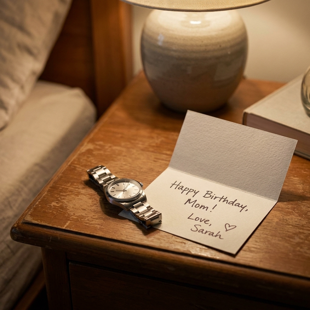 A simple stainless steel wristwatch resting on a bedside table next to a handwritten birthday card, photographed in warm indoor light
