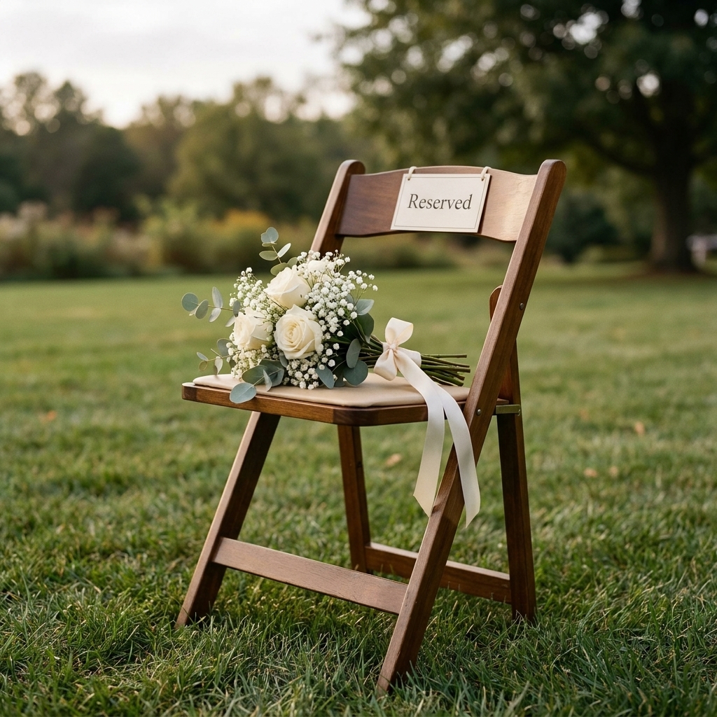 A single reserved chair at an outdoor wedding with a small bouquet placed on the seat in soft natural light