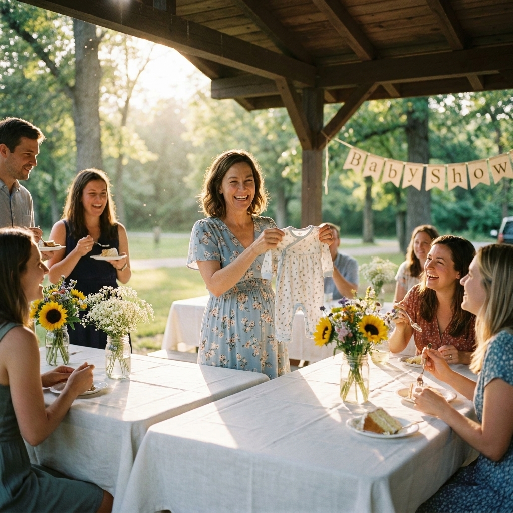 A small baby shower gathering under a park pavilion with simple tablecloths, fresh flowers in jars, and guests chatting in soft afternoon light