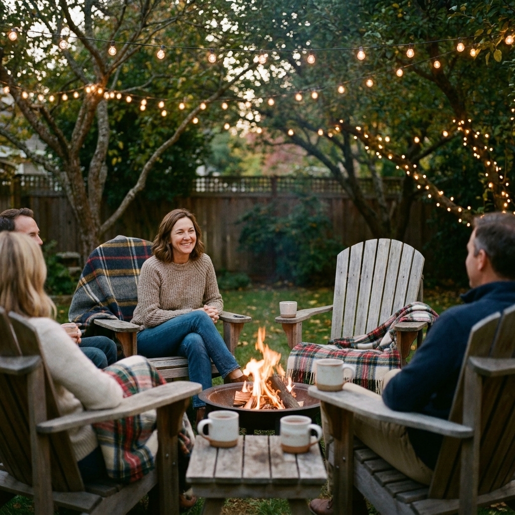 A small backyard fire pit with four chairs, cozy blankets, and mugs on a low table under string lights at dusk