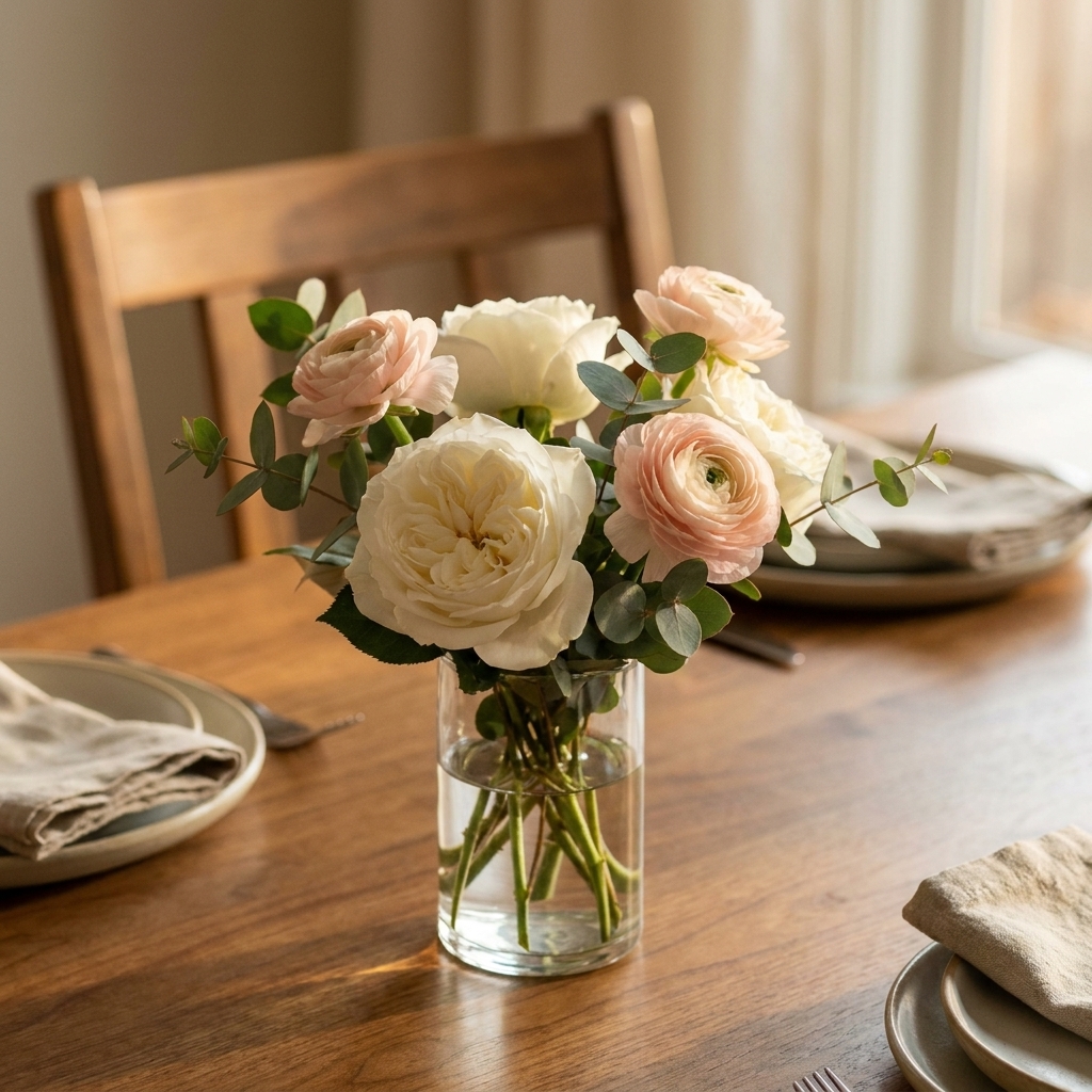 A small bouquet of white and blush flowers arranged in a clear glass vase on a dining table