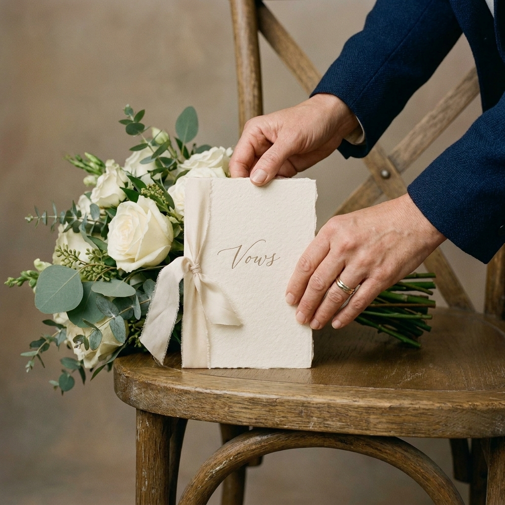 A small cream-colored wedding vow booklet tied with a simple ribbon resting on a wooden chair beside a bouquet