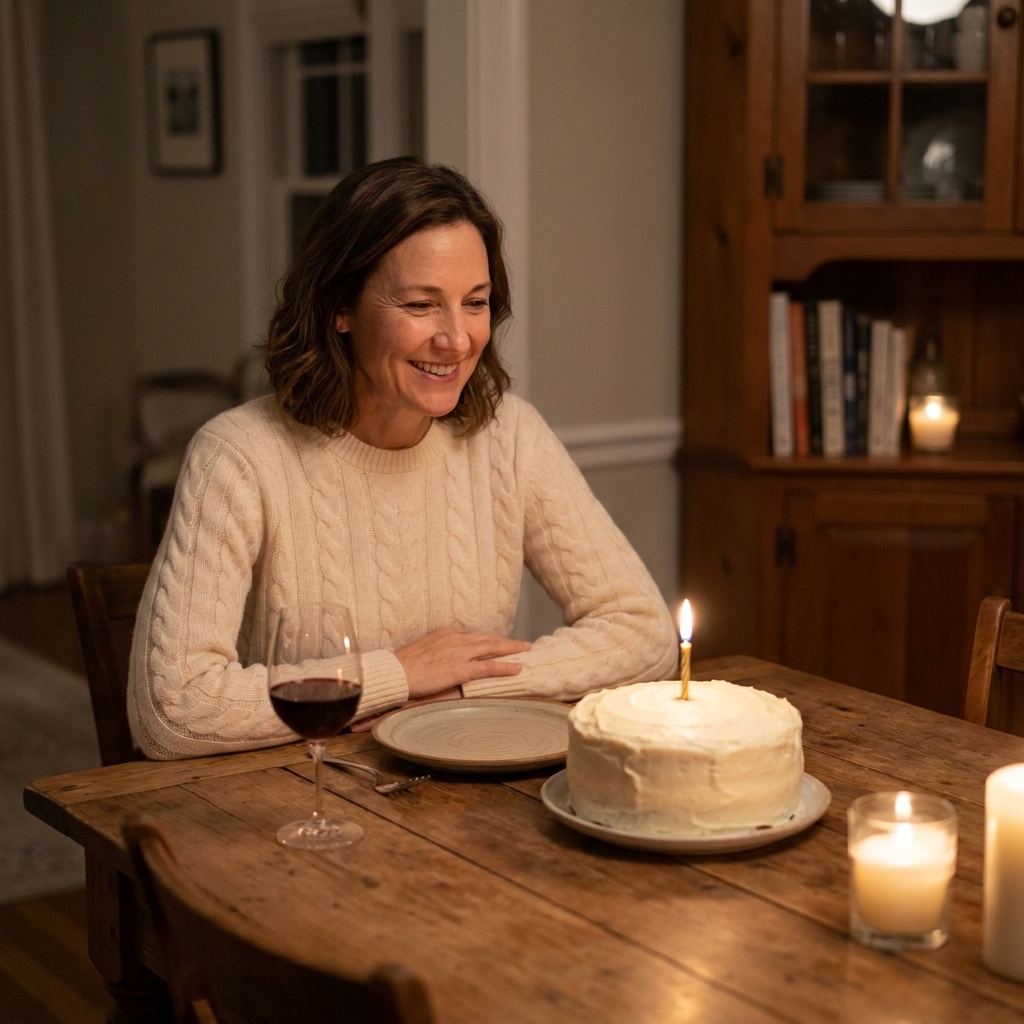A small frosted birthday cake with a single candle on a dining table lit by warm candlelight in a quiet home