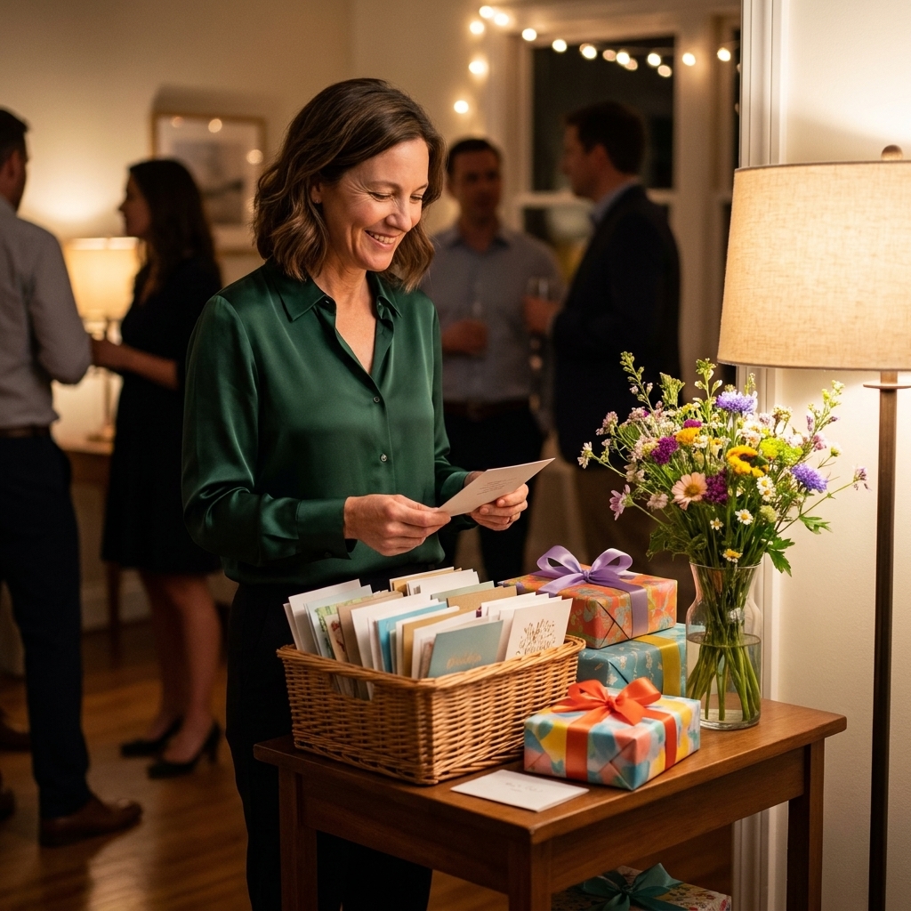 A small gift table at a milestone birthday party with a basket of greeting cards, wrapped gifts, and a vase of fresh flowers in a warmly lit room