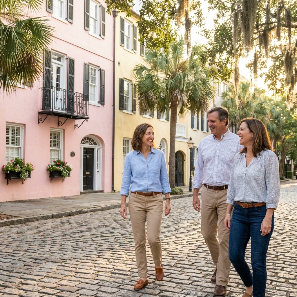 A small group of adults walking together along a charming historic street in Charleston, South Carolina, pastel buildings and greenery in the background