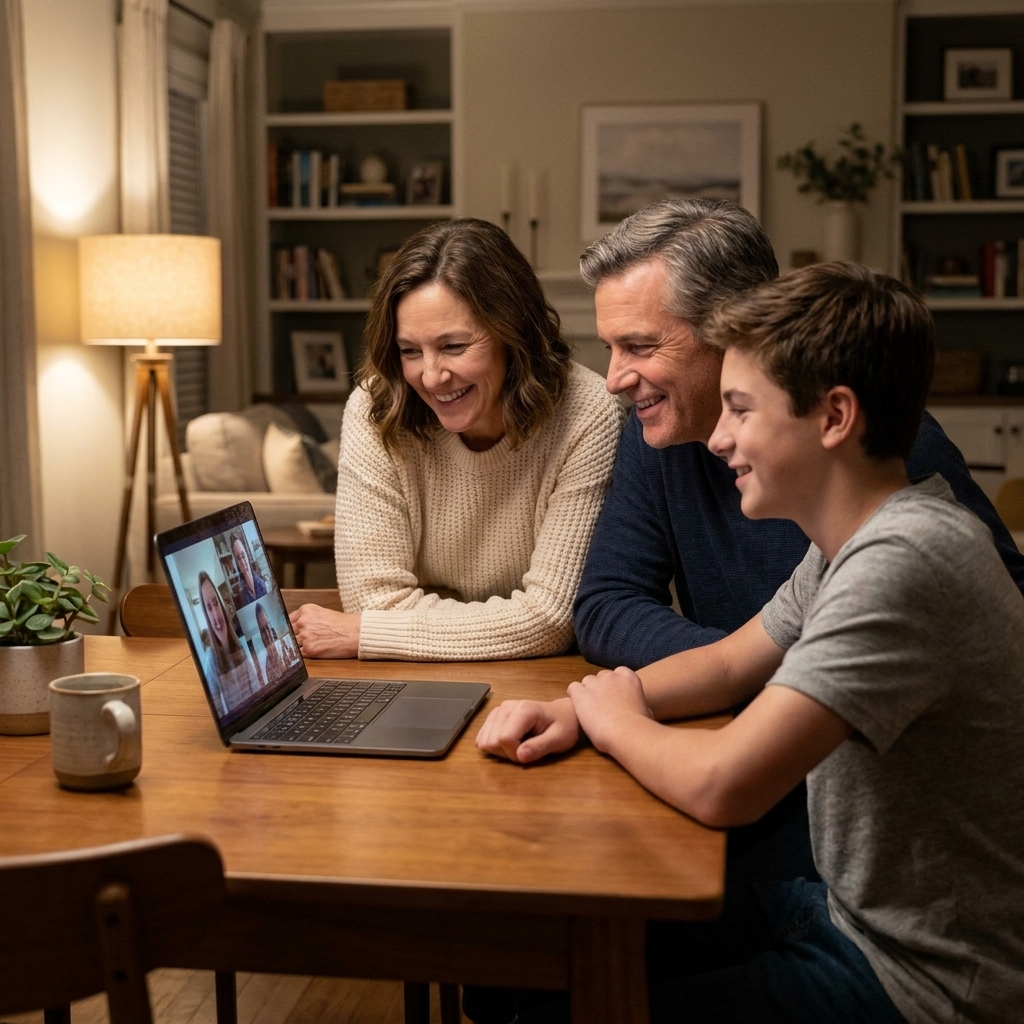 A small group of family members gathered around a laptop on a dining table, smiling during a video call, with warm home lighting and minimal clutter