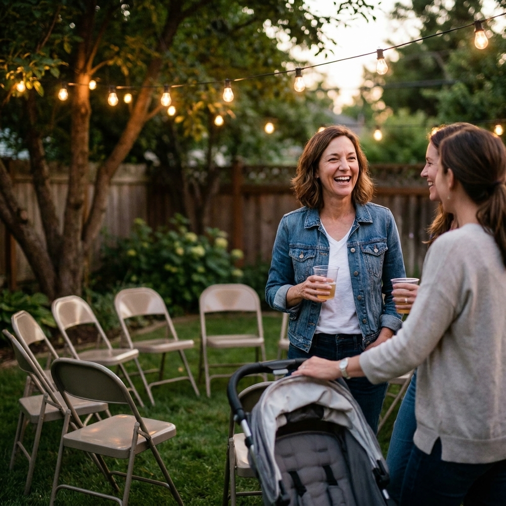 A small group of friends chatting in a backyard with simple string lights, a few folding chairs, and a stroller parked nearby, candid celebration photo