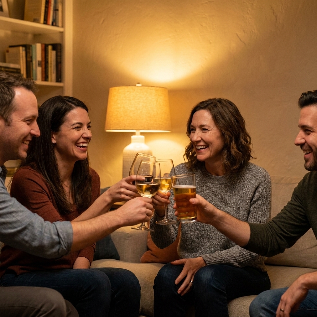 A small group of friends clinking glasses in a living room during a casual celebration, warm lamp light and relaxed smiles