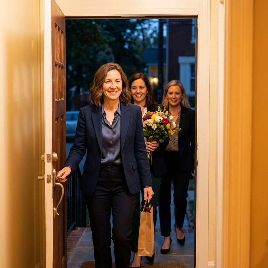 A small group of well-dressed friends quietly entering a home carrying a bouquet and a wine bag, evening light through the doorway