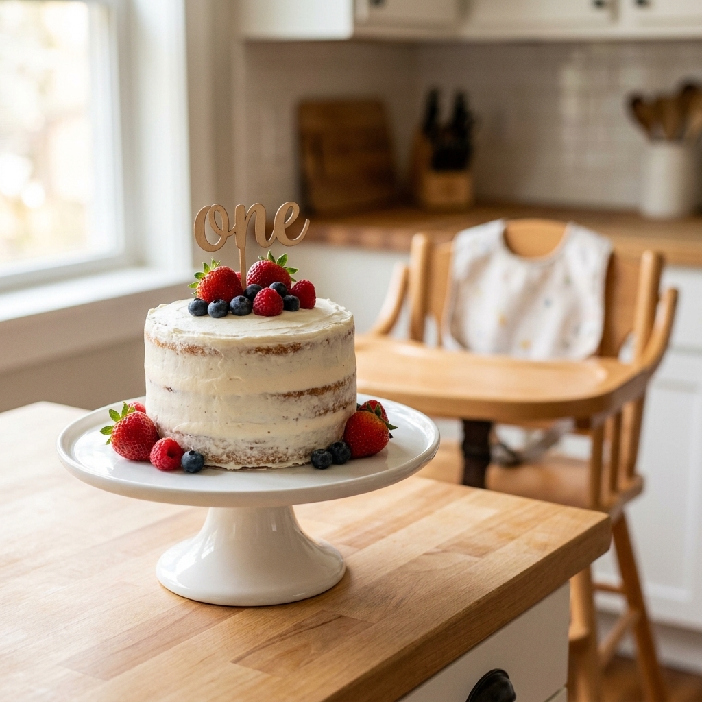 A small simple smash cake on a cake stand with minimal frosting and fresh berries, set on a kitchen counter ready for a first birthday