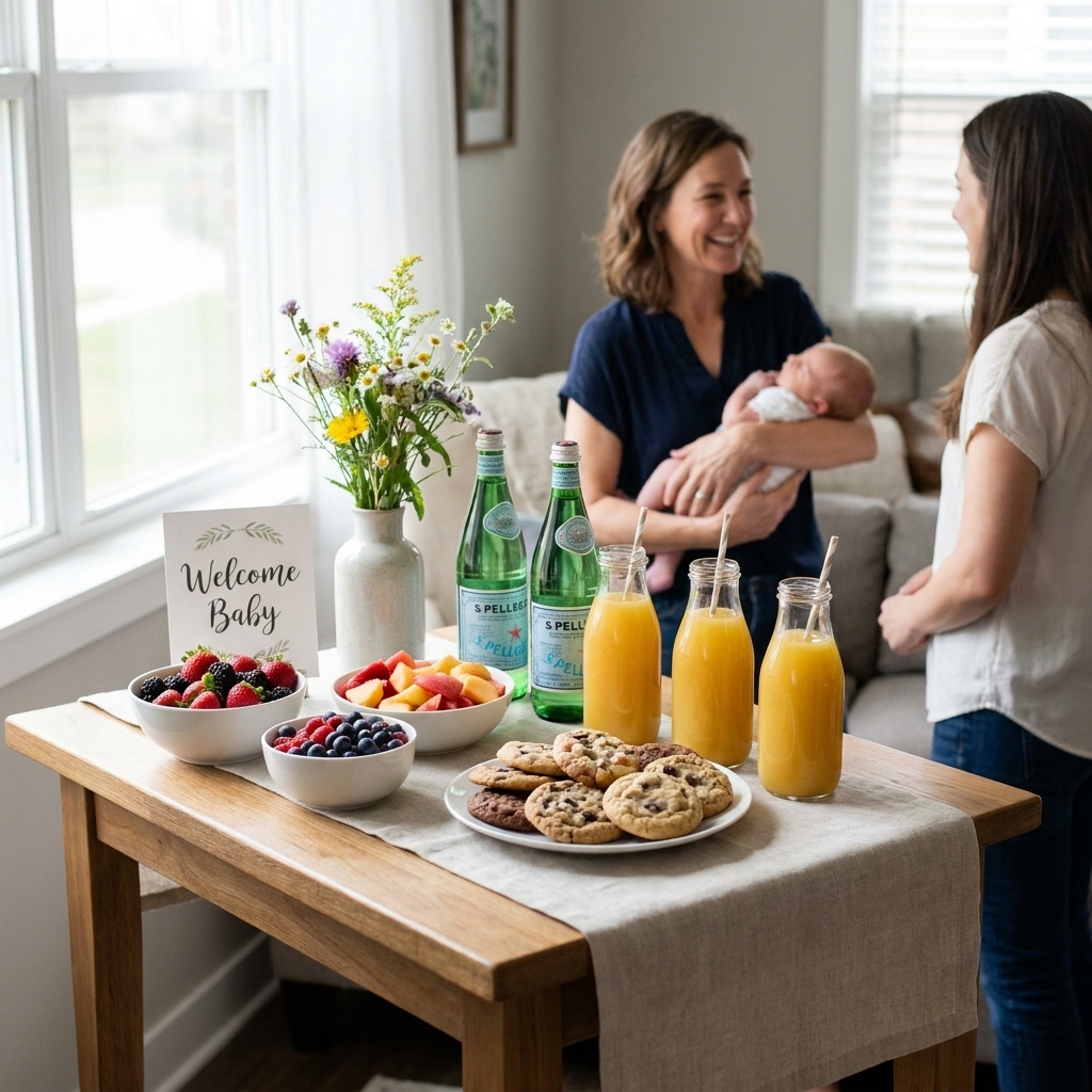 A small snack table with fruit, cookies, sparkling drinks, and simple floral decor set up for a casual newborn open house