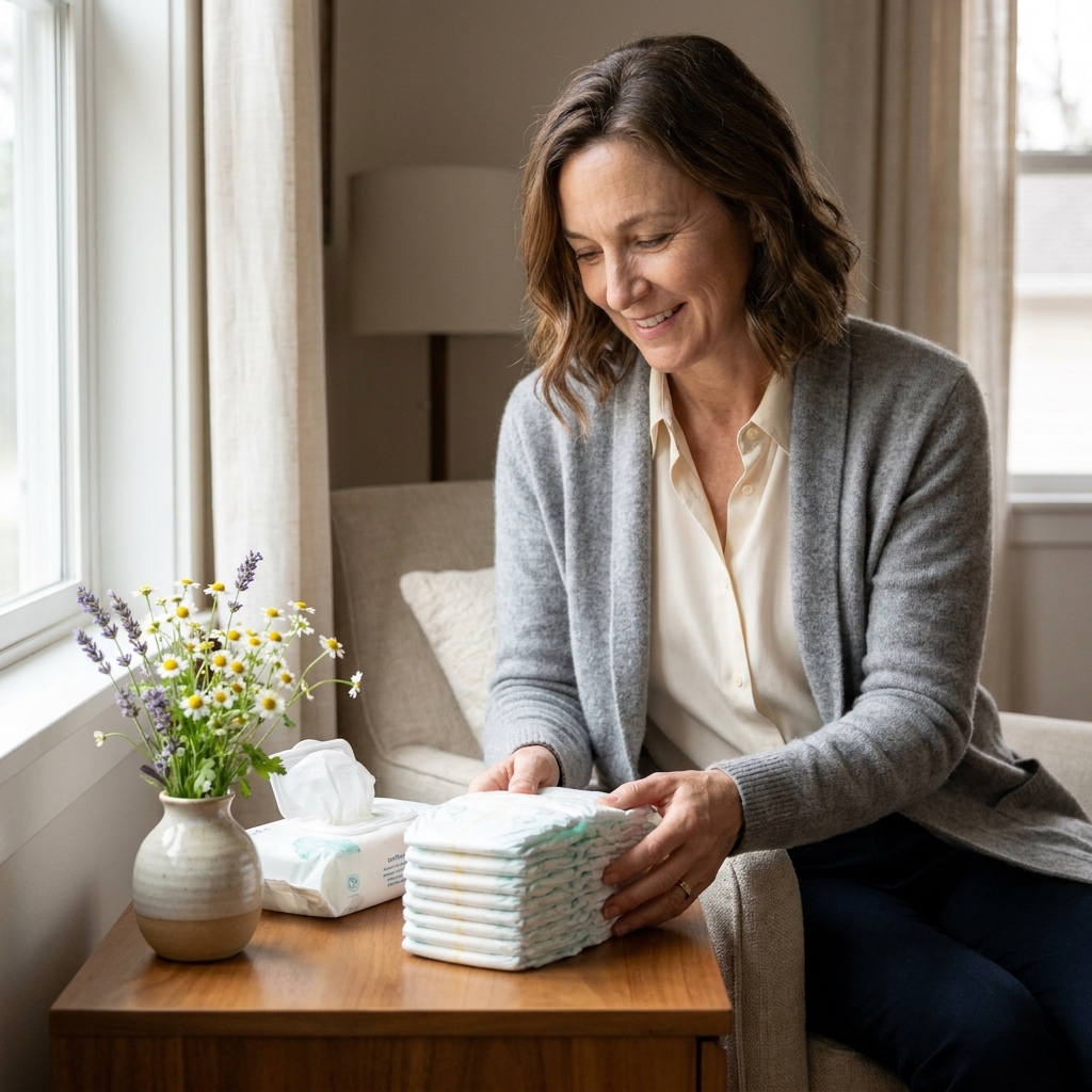 A small stack of diapers and baby wipes arranged neatly on a side table next to a simple bouquet in a cozy home setting