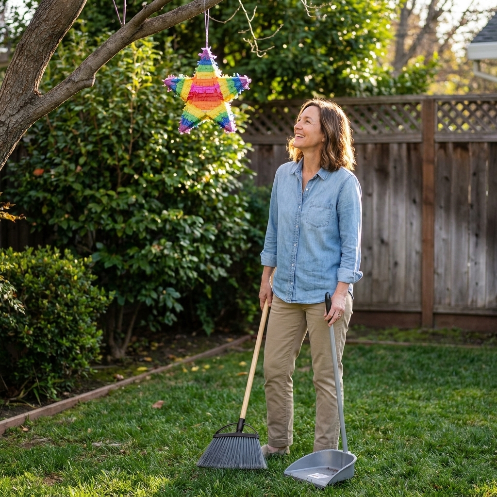 A small star-shaped pinata hanging from a tree in a backyard, with a broom and dustpan nearby ready for cleanup