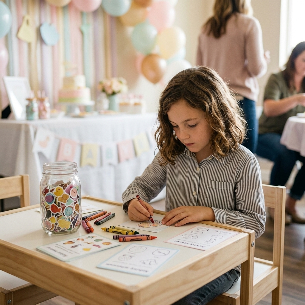 A small table set up at a baby shower with crayons, simple activity cards, and a jar of stickers, with an older child seated and drawing quietly