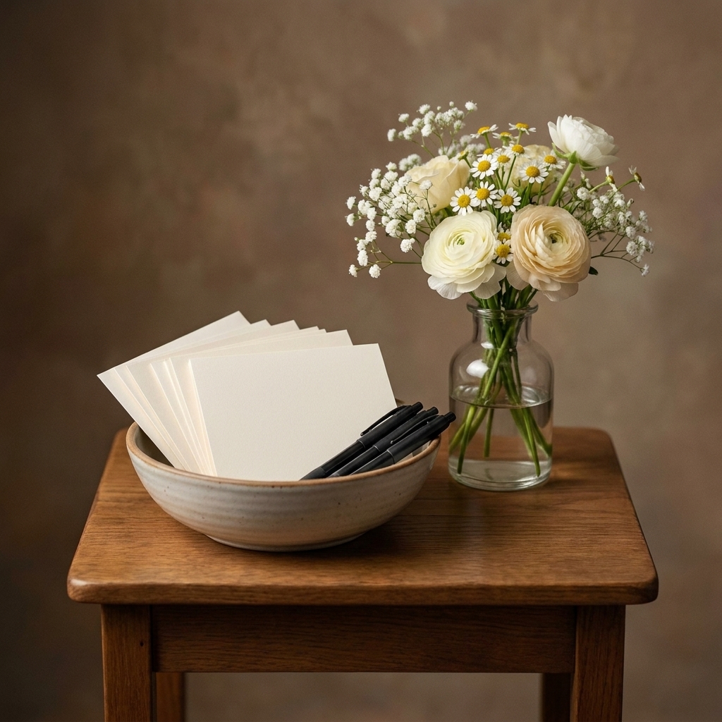 A small table with a bowl of blank cards and pens for guests to write wishes for a newborn, placed beside a simple vase of flowers