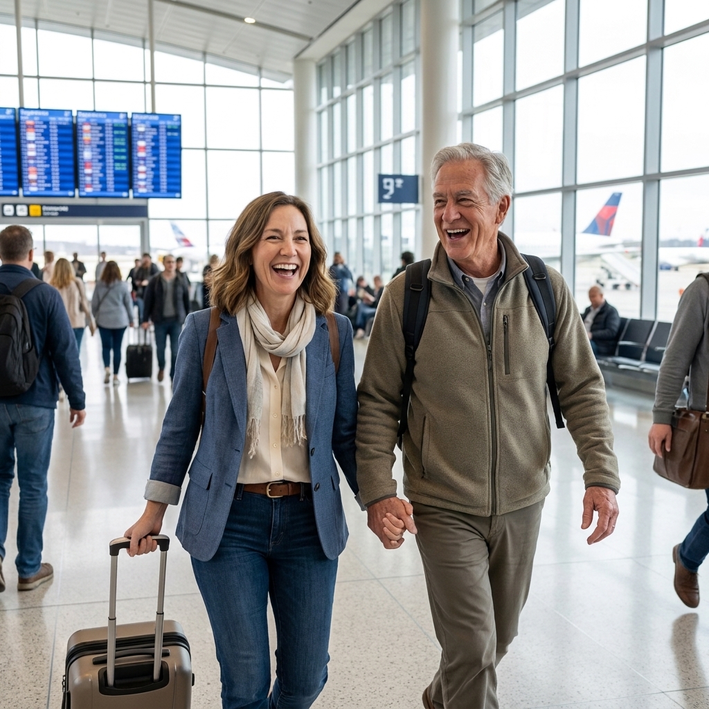 A smiling older couple walking through an airport terminal with carry-on luggage, looking excited for a trip