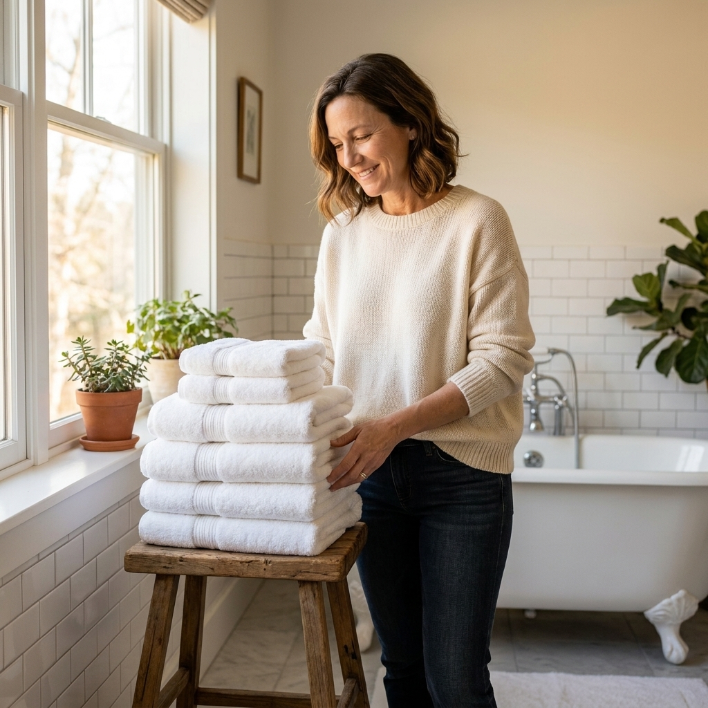 A stack of fluffy white bath towels folded neatly on a wooden stool in a bright, clean bathroom.