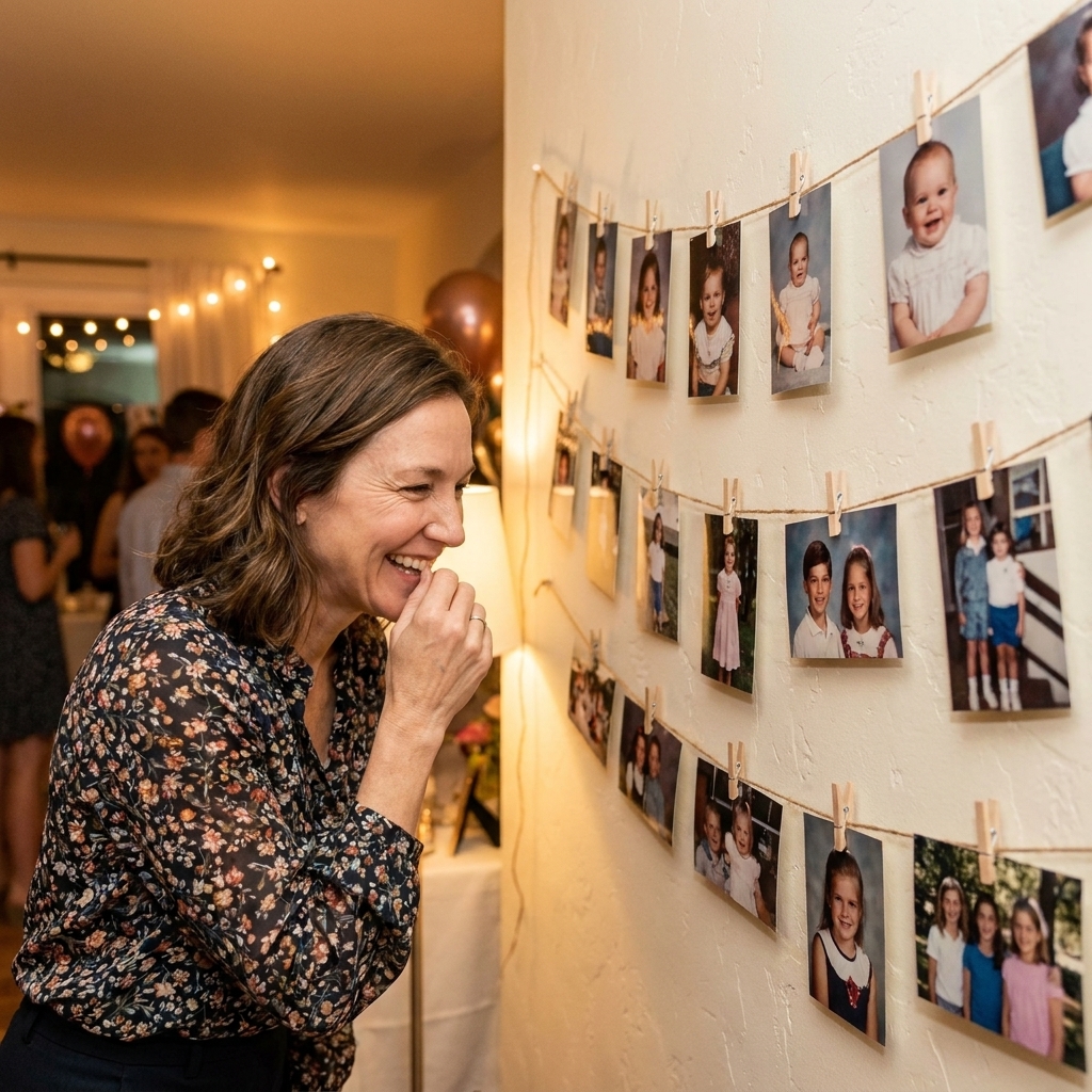 A string display of printed childhood photos clipped with mini clothespins along a wall at a Sweet 16 party, warmly lit and candid