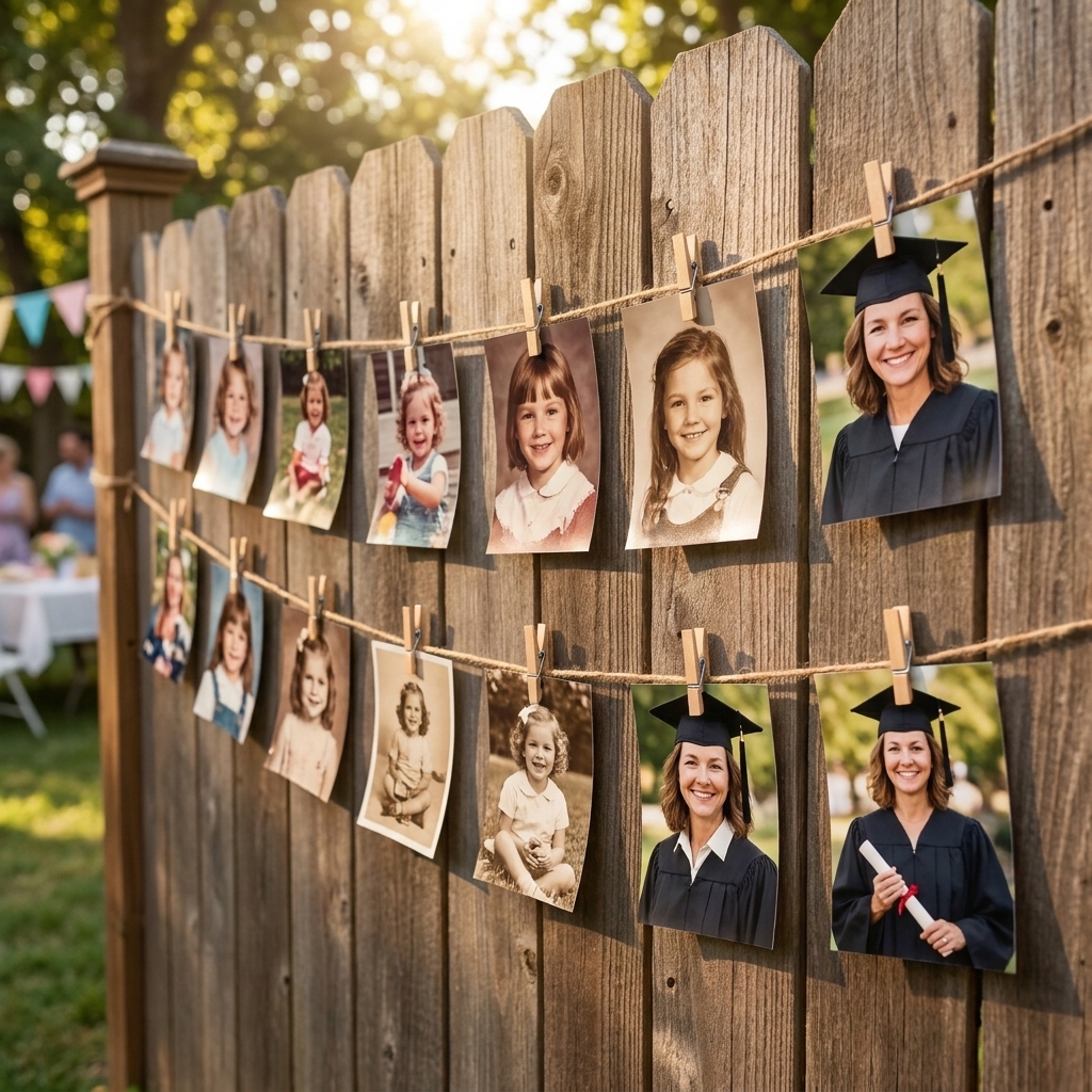 A string of printed graduation and childhood photos clipped to twine along a fence for a simple backyard party display