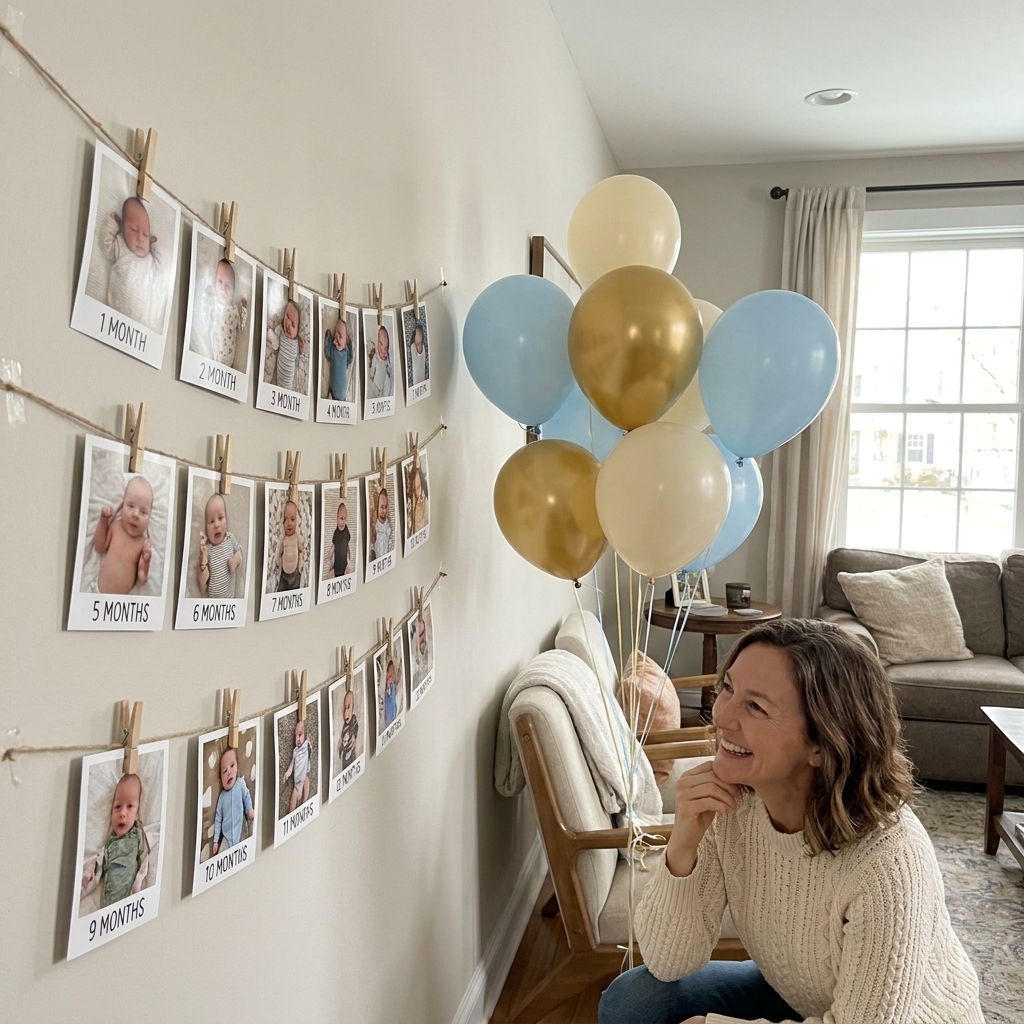 A string of printed monthly baby photos clipped to twine along a wall with a few balloons nearby in a cozy living room