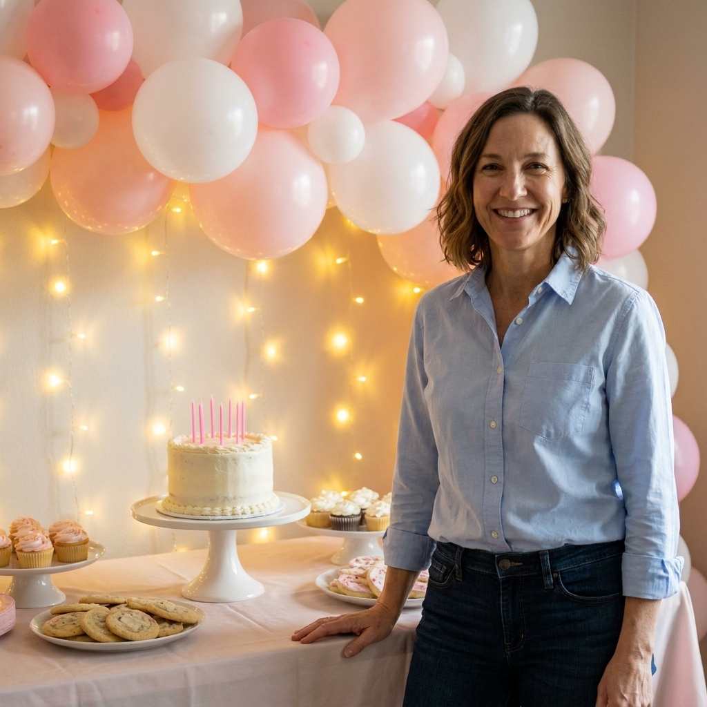 A teen birthday dessert table with a DIY balloon garland in soft pink and white, a simple cake stand, and string lights glowing in the background