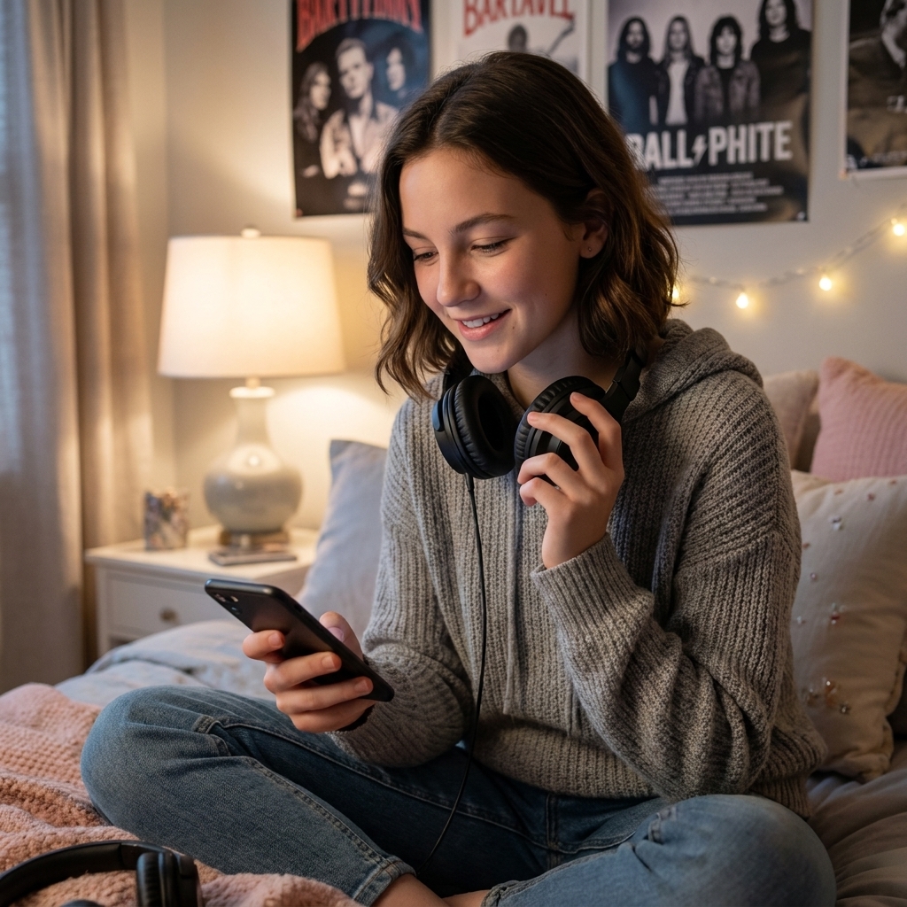 A teen holding headphones and looking at a phone screen while creating a birthday playlist, cozy bedroom setting with soft light