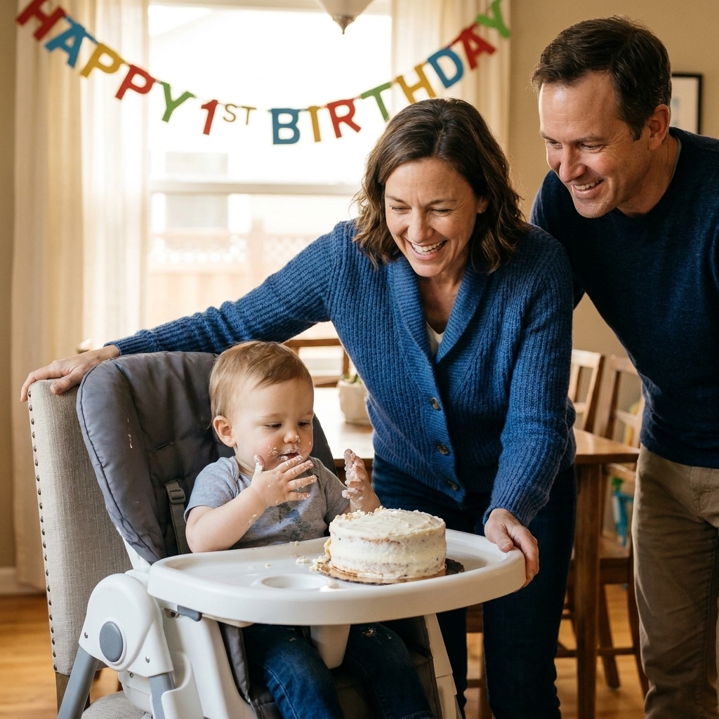 A toddler with frosting on their hands sitting in a high chair while family members stand nearby smiling during a first birthday cake moment