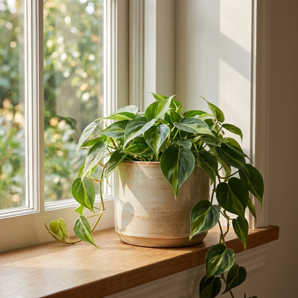 A trailing green houseplant in a simple ceramic pot on a bright windowsill