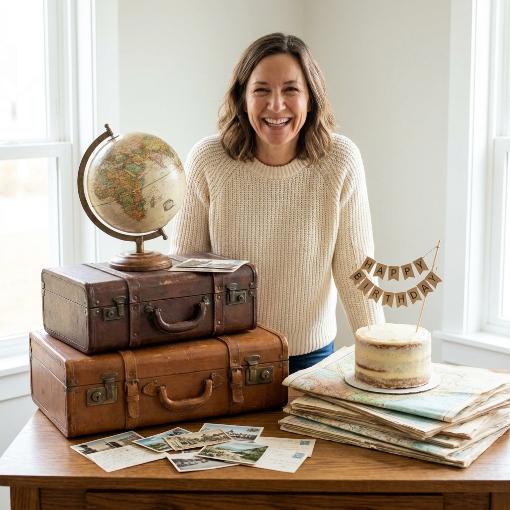 A travel-themed birthday setup with vintage suitcases, postcards, and a small globe on a dessert table