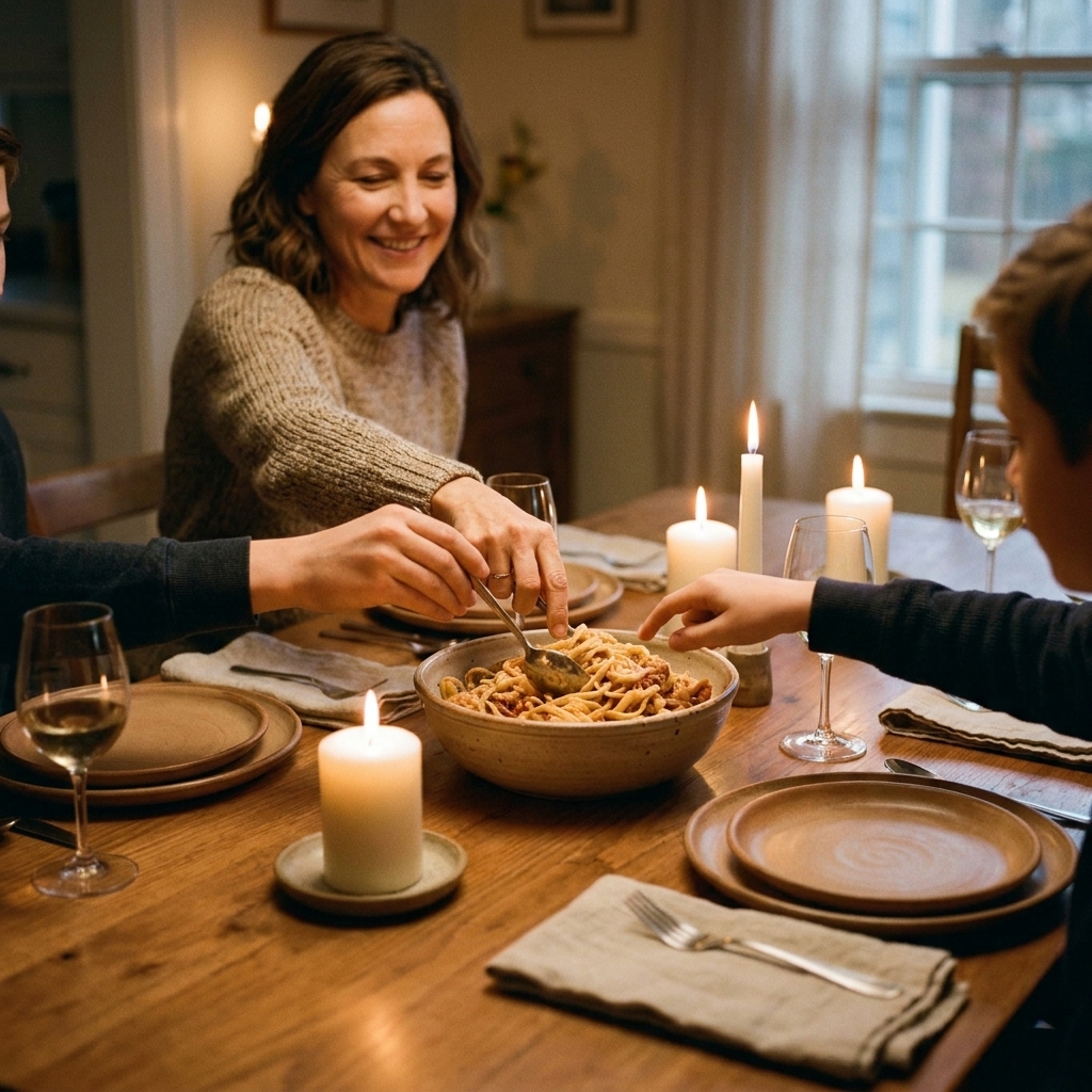 A warmly lit dining table set for dinner with candles, simple plates, and a bowl of pasta, with family hands reaching in to serve food