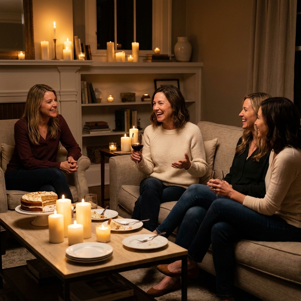 A warmly lit living room with candles and a few friends chatting on a sofa and chairs during an intimate celebration.