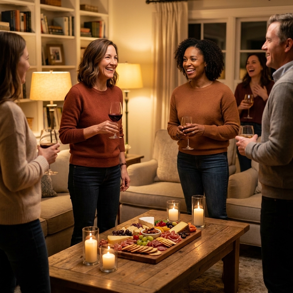 A warmly lit living room with guests chatting while holding drinks, a grazing board on a coffee table, and simple candles for a relaxed celebration