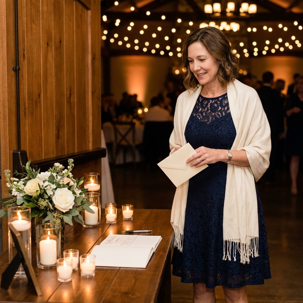 A wedding guest holding a cream-colored envelope card near a reception entrance table with soft candlelight