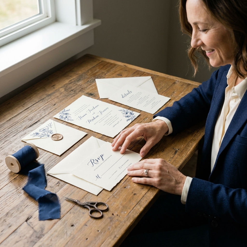 A wedding invitation suite laid out neatly on a wooden desk with envelopes and a ribbon