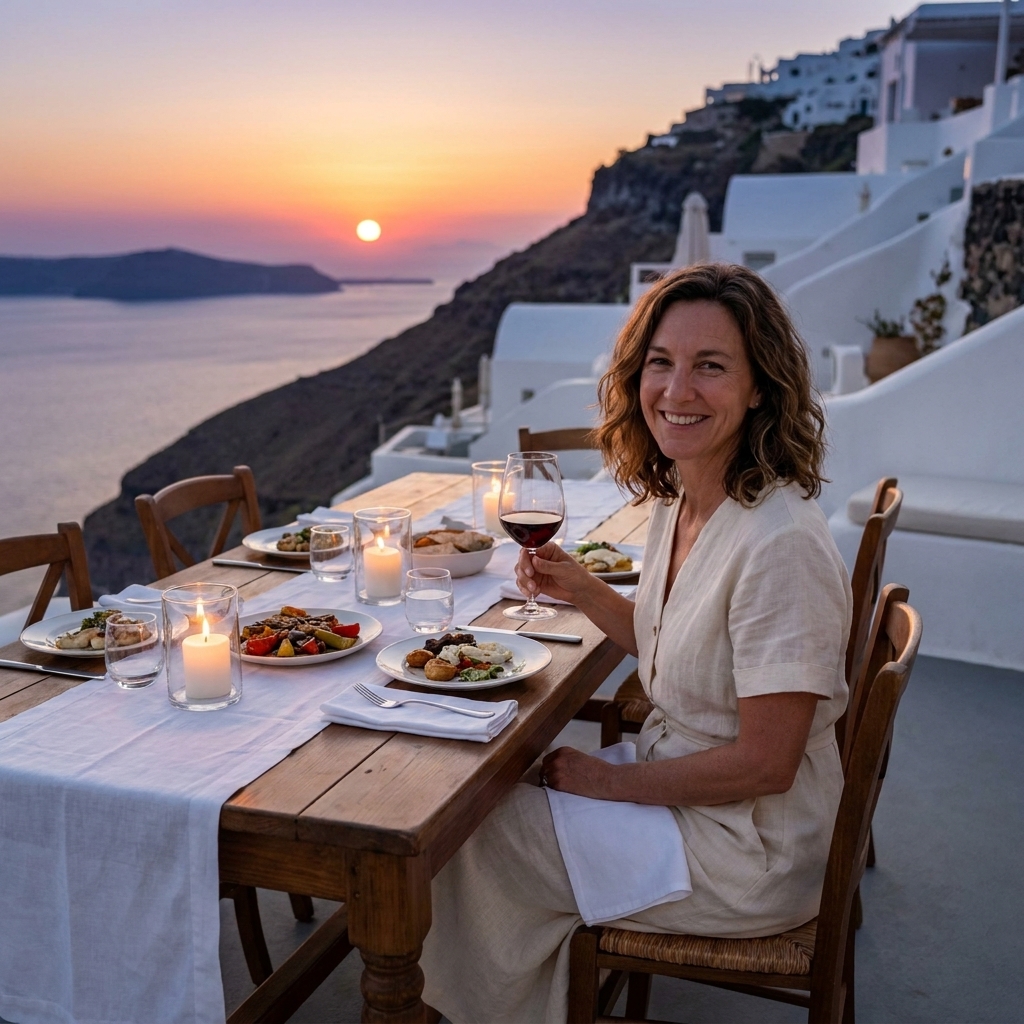 A whitewashed cliffside terrace set for dinner with long tables, candles, and sea views at dusk