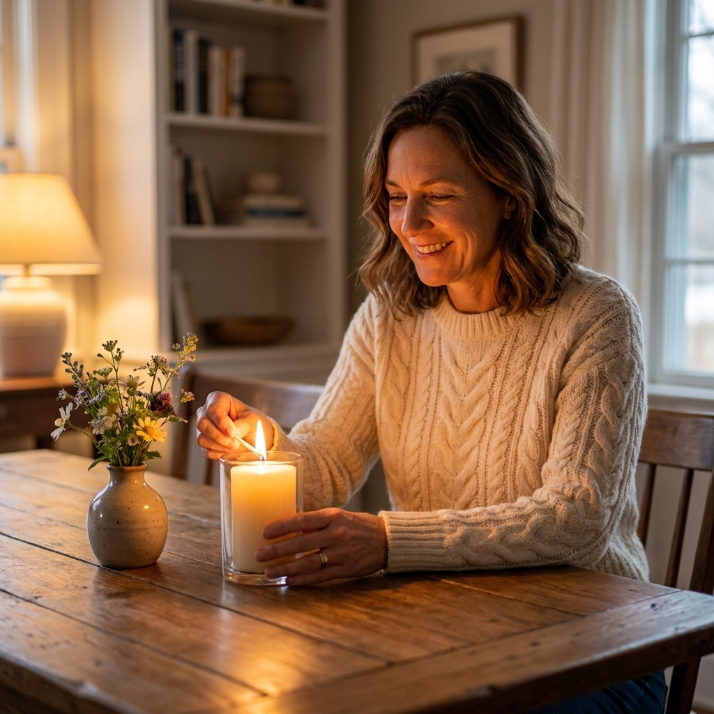 A woman in a quiet, warmly lit home setting lighting a candle on a dining table with a small vase of flowers nearby