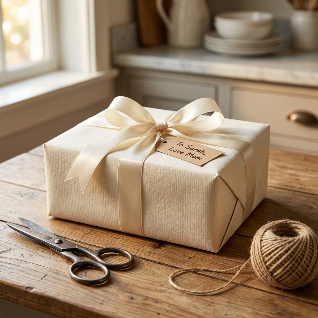 A wrapped gift in cream paper with a satin ribbon and a handwritten tag resting on a kitchen table next to scissors and twine