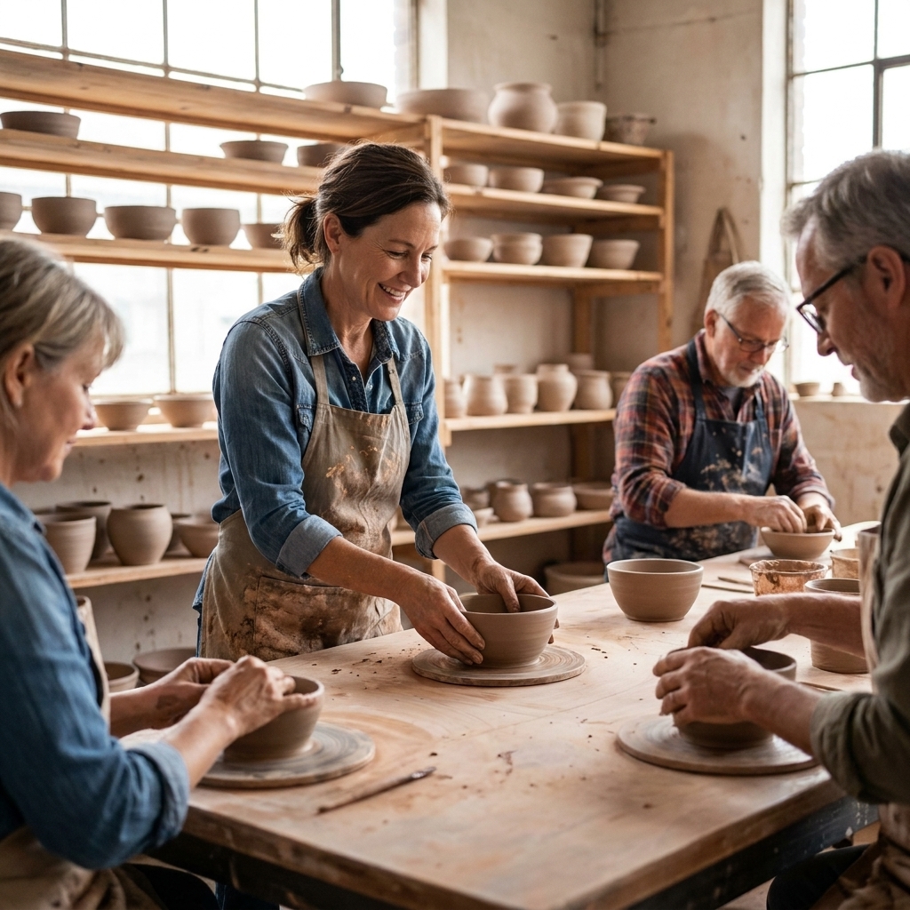 Adults gathered around a table in a pottery studio shaping clay bowls, with shelves of drying ceramics in the background