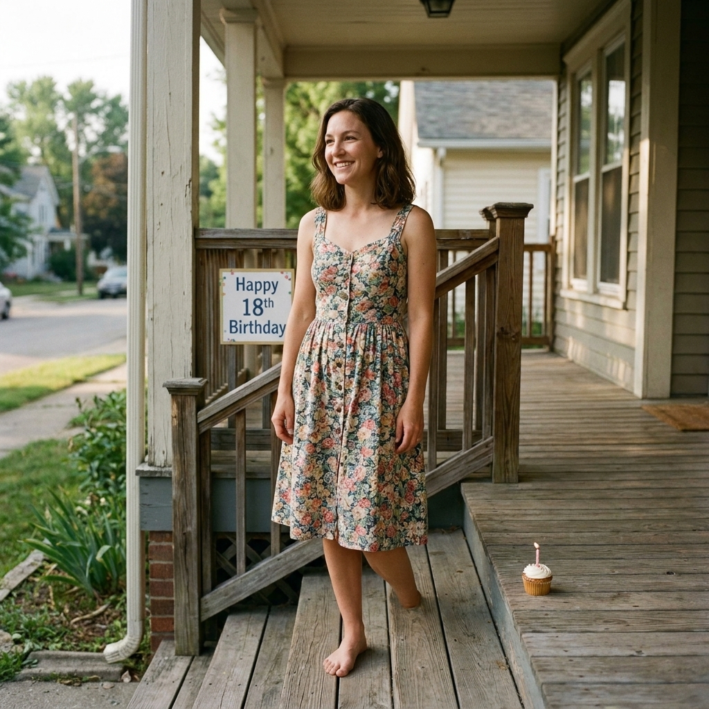 An 18-year-old standing on a front porch step for a simple birthday portrait, natural daylight, candid smile