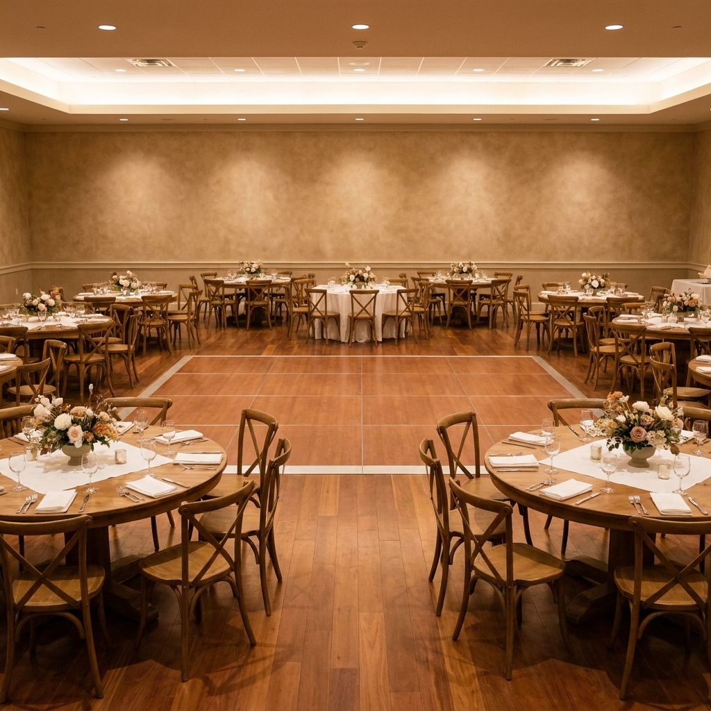 An empty reception hall with round tables and chairs arranged for a wedding, showing the room layout and dance floor area
