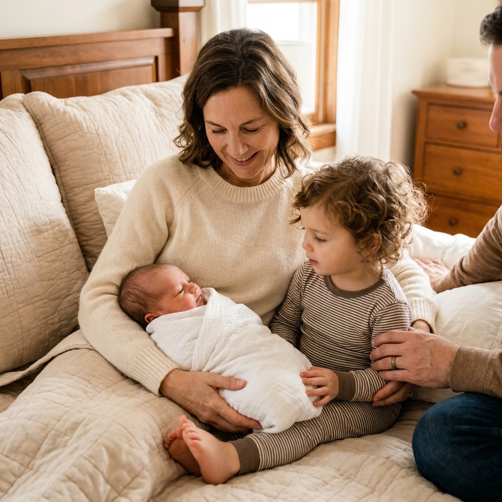 An older sibling sitting on a cozy bed beside a swaddled newborn while a parent stays close just outside the frame, creating a calm family photo moment