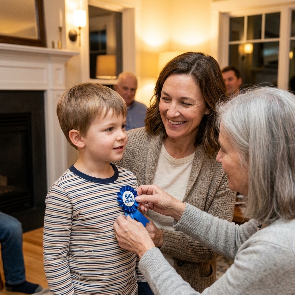 An older sibling standing beside a parent while a relative gently pins on a small 'big sibling' ribbon at a cozy family gathering