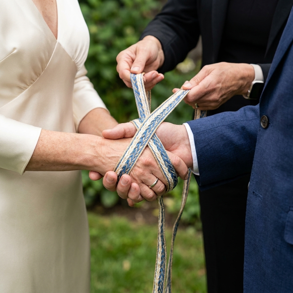 Close-up of a couple’s hands being gently wrapped with a soft ribbon during a handfasting ritual at a wedding