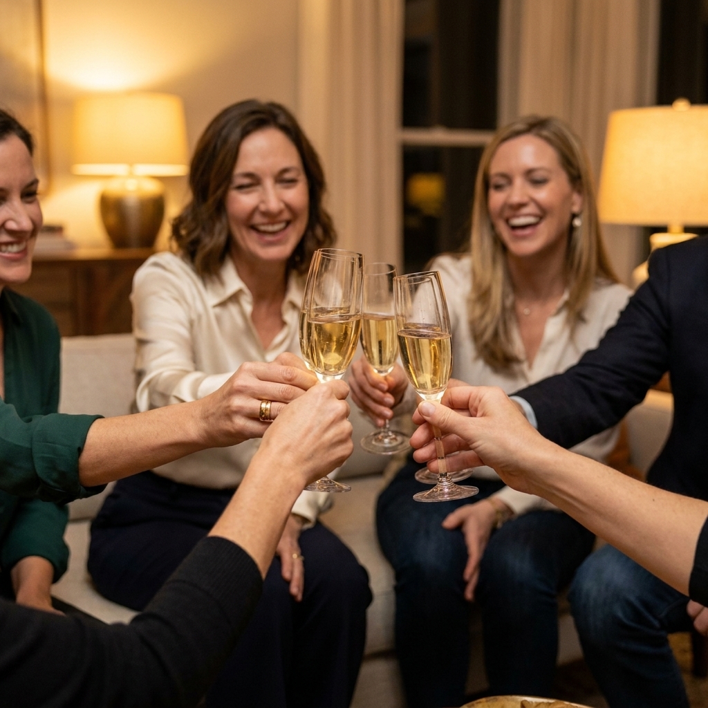 Close-up of several hands holding champagne glasses during a toast in a softly lit living room with friends in the background
