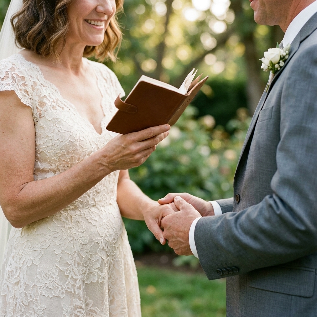 Close-up of two people holding hands during an outdoor wedding ceremony while one reads vows from a small booklet