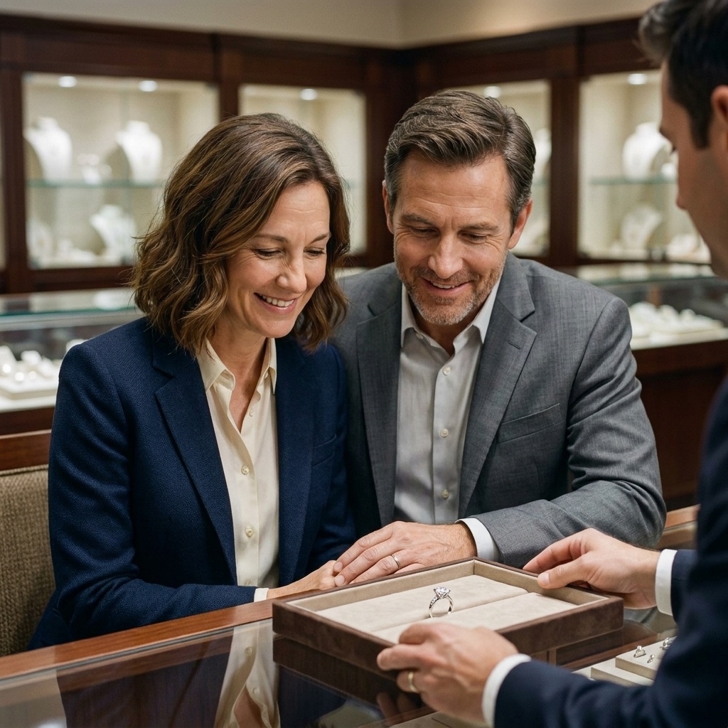 Couple seated at a jewelry store counter looking at an engagement ring presented in a small tray under warm lighting